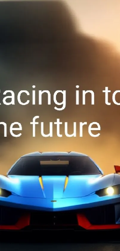 Futuristic racing car driving at sunset with bright colors and dynamic scene.