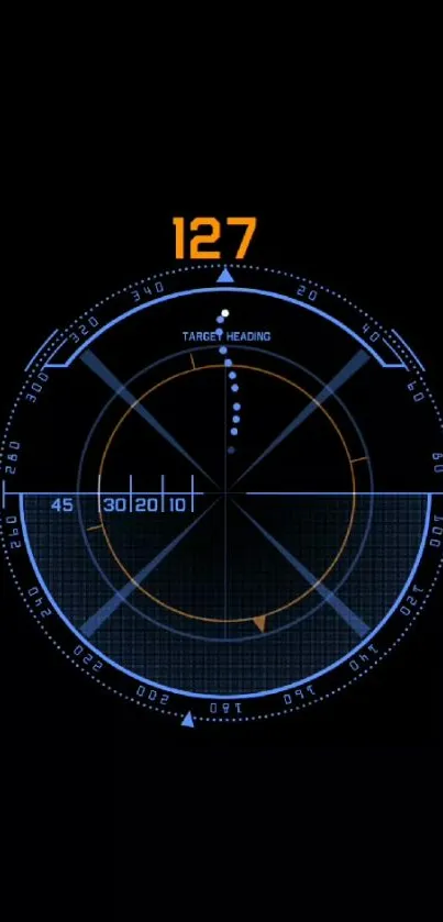 Futuristic radar display screen in blue and orange on a black background.