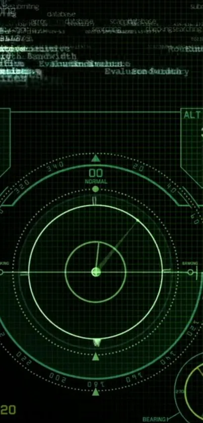 Futuristic radar interface with green graphics