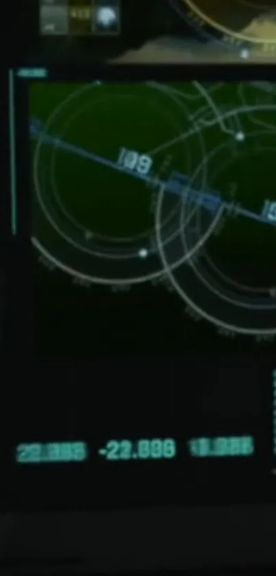 Dark green radar display with digital interface elements.