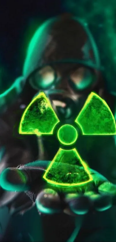 Glowing gas mask with radioactive symbol in green hues.