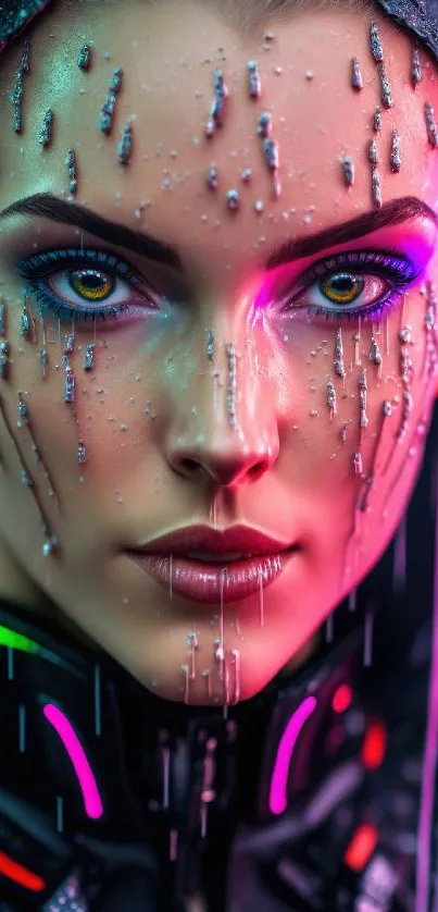 Futuristic woman in neon rain with vibrant colors and piercing eyes.