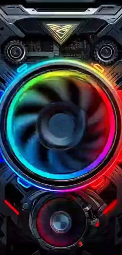 Futuristic speaker with rainbow lighting and industrial design.