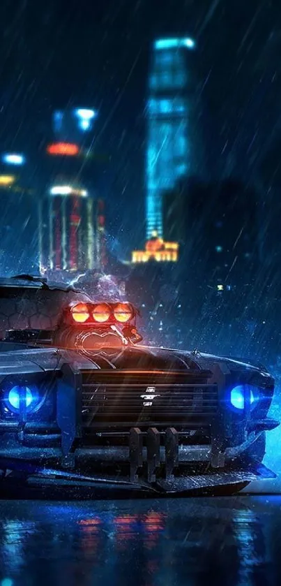 Futuristic car in rainy, neon-lit city at night wallpaper.