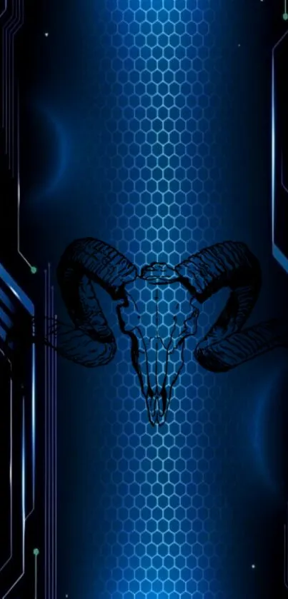 Futuristic blue wallpaper with a ram skull and honeycomb pattern.