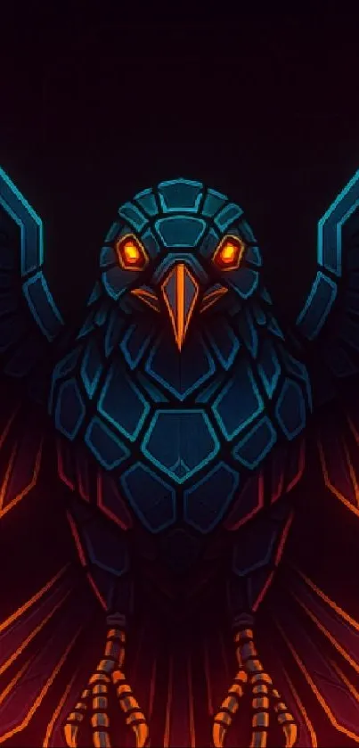 Futuristic raven in neon colors with dark background.
