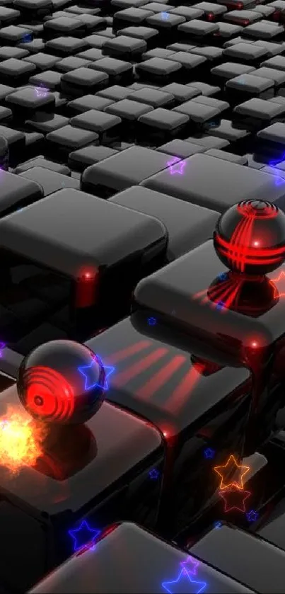 Futuristic black cubes with red glowing spheres on a digital backdrop.