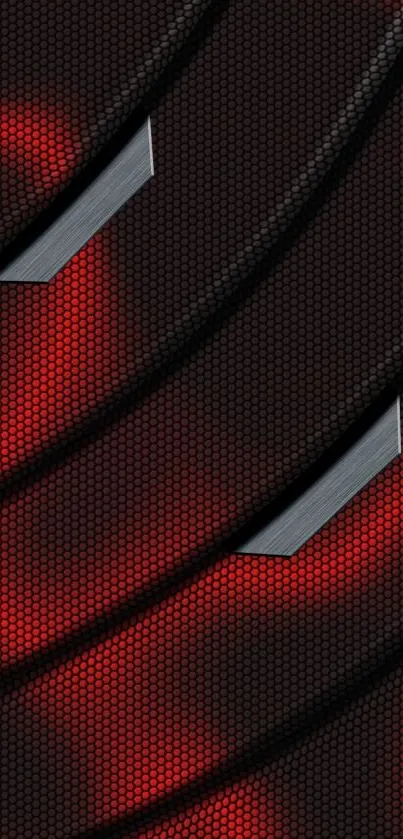 Futuristic red abstract wallpaper with dark hexagonal pattern and metallic accents.