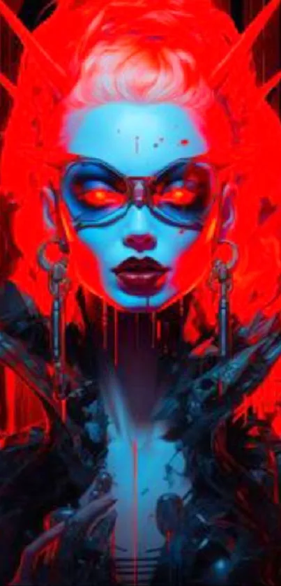 Futuristic red and blue art wallpaper with a striking neon portrait.