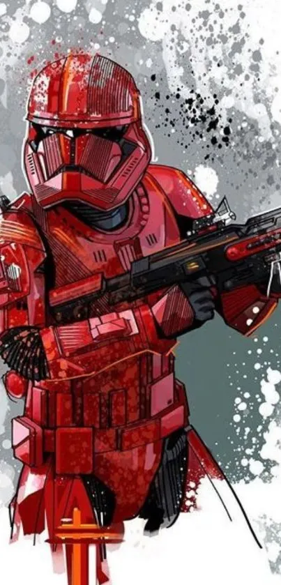 Futuristic soldier in red armor with sci-fi weapon on creative wallpaper.