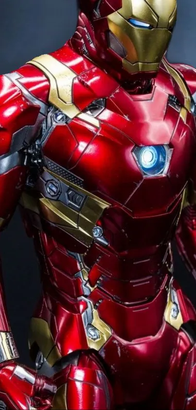 Close-up of a futuristic red and gold armor design glowing.