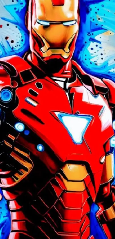 Vibrant red armored figure with glowing chest on a blue backdrop.