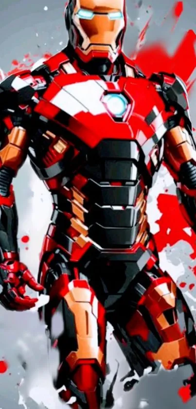 Futuristic red armor with metallic elements on a mobile wallpaper.