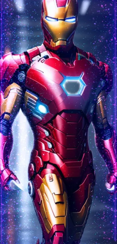 Futuristic red armored figure with glowing elements.