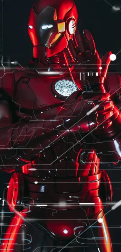 Red armor hero in futuristic design on a dark background.