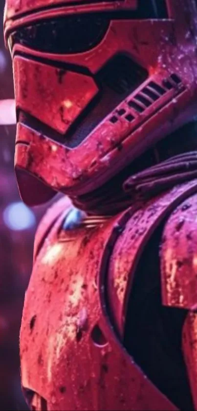 Futuristic red armor in the rain, perfect for mobile wallpaper.