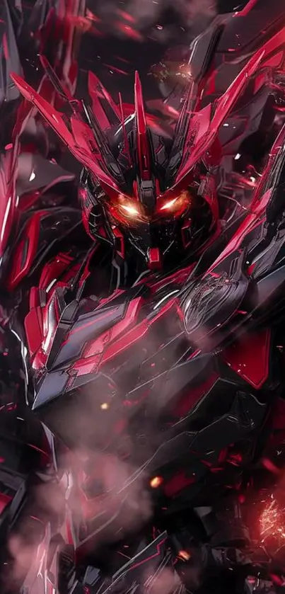 Futuristic red armored robot with glowing eyes on a dark background.