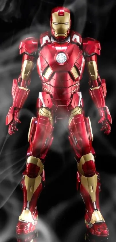 Futuristic red and gold armor figure on dark background.