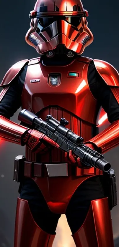 Futuristic red armor with laser backdrop