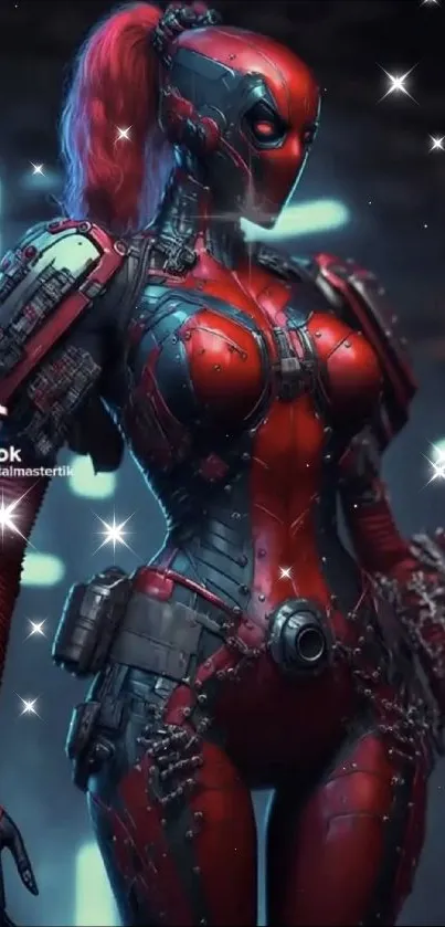 A red-armored futuristic heroine with glowing accents, in a sci-fi style.