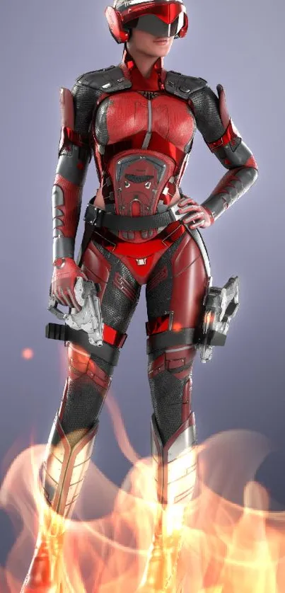 Futuristic character in a red battle suit on a wallpaper.