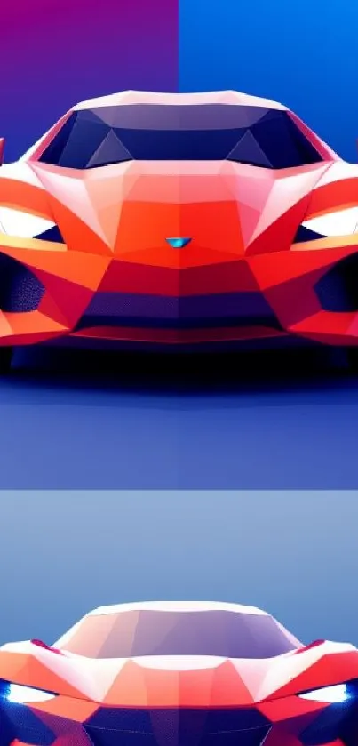 Futuristic red sports car with geometric purple and blue background.