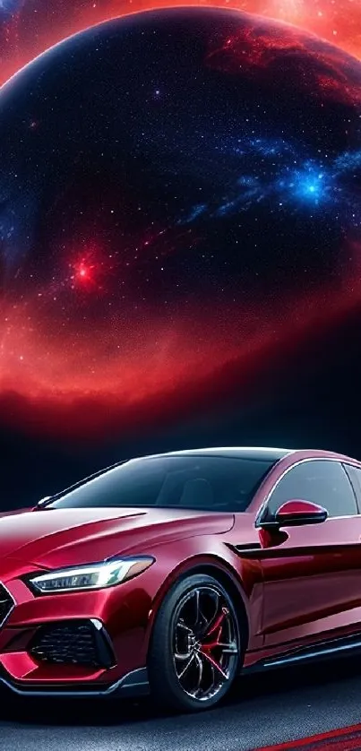 Futuristic red car with galaxy background.