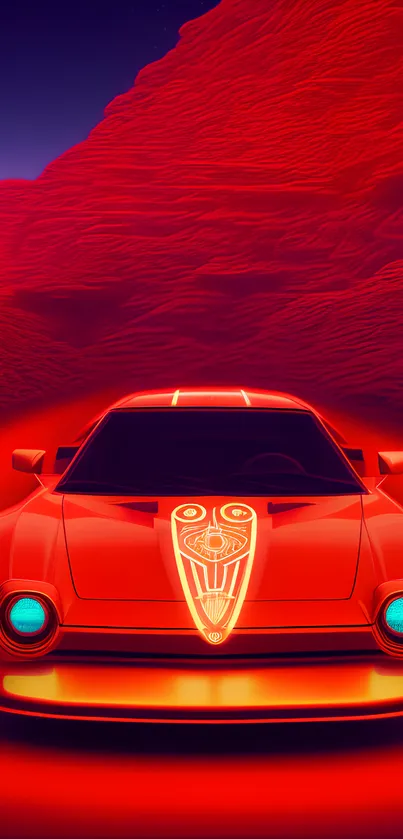 Futuristic red car with neon glow in desert landscape.