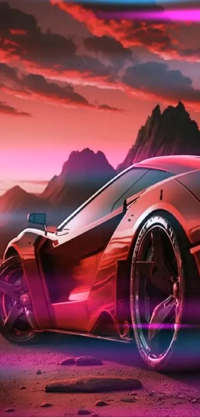 Futuristic red sports car with mountain backdrop.