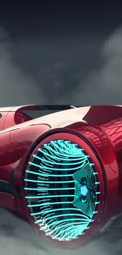 Futuristic red car with vibrant teal wheels on a smoky background.