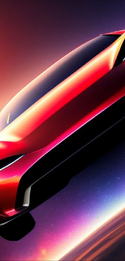 Futuristic red sports car with cosmic background.