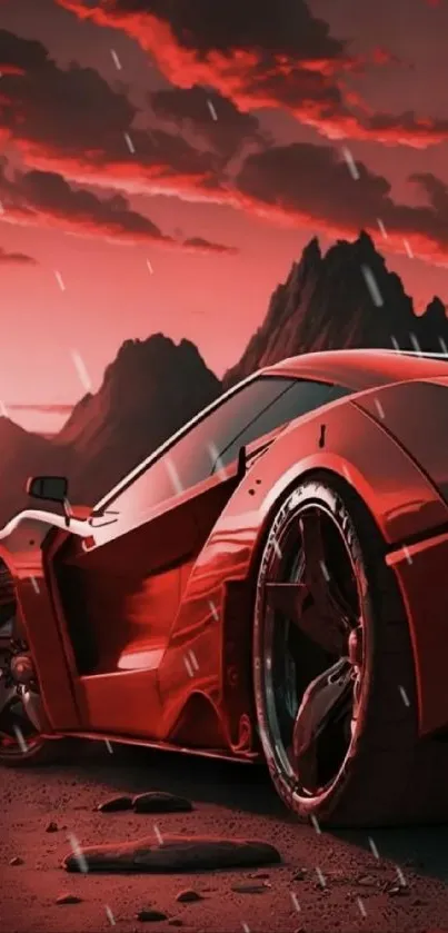 Futuristic red sports car with mountains and rain in the background.