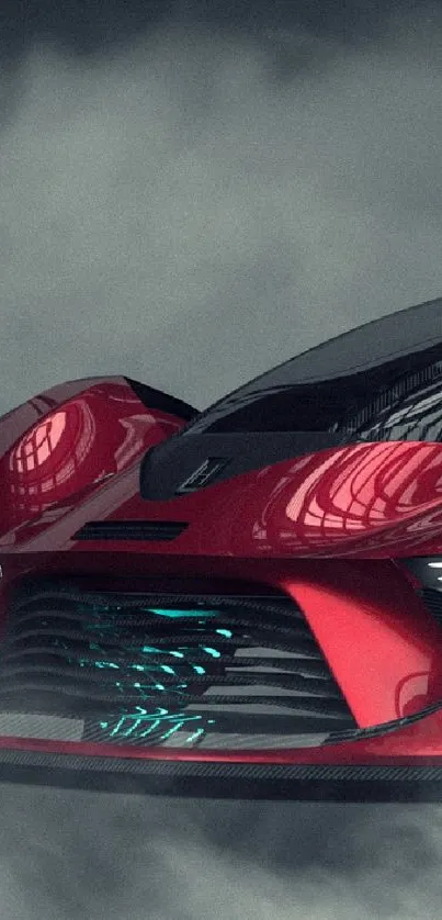 Futuristic red car in a smoky atmosphere, with blue illuminated wheels.