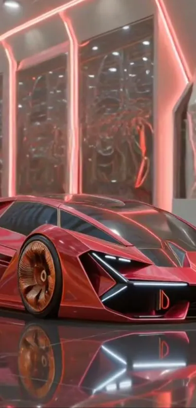 Futuristic red sports car in modern showroom.