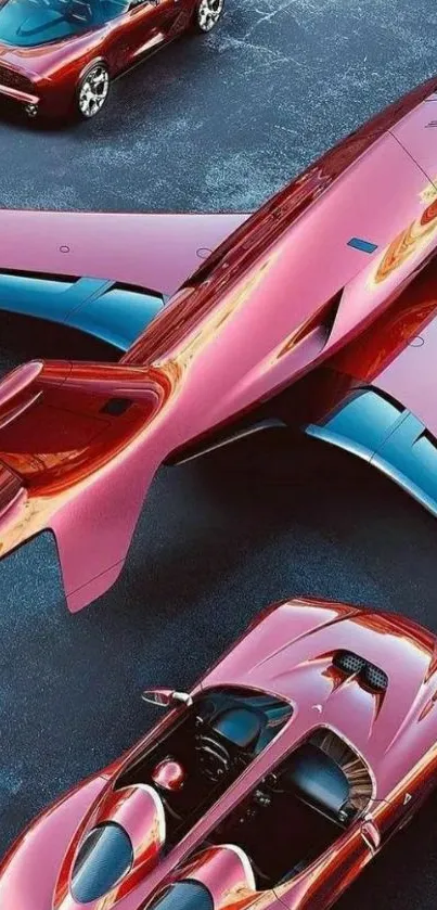 Futuristic red jet and cars on sleek backdrop.