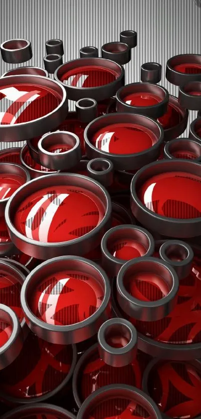 Red and metallic circles on a striped background, futuristic design.