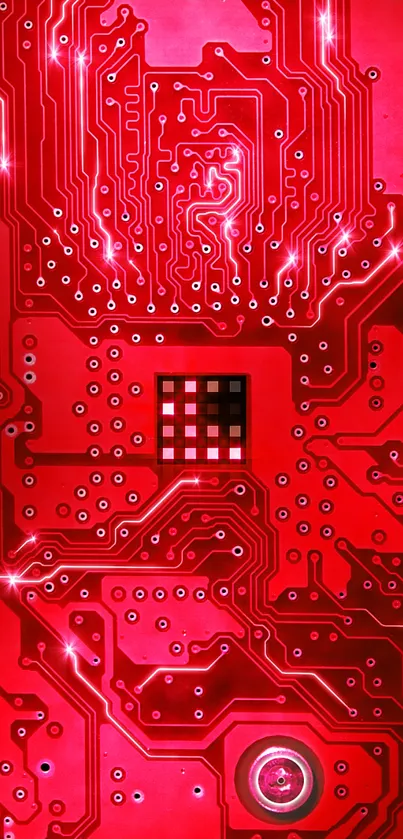 Vibrant red circuit board wallpaper with electronic patterns.