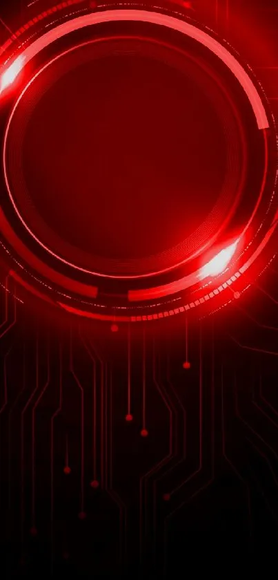 Futuristic red circuit wallpaper with glowing circular design.