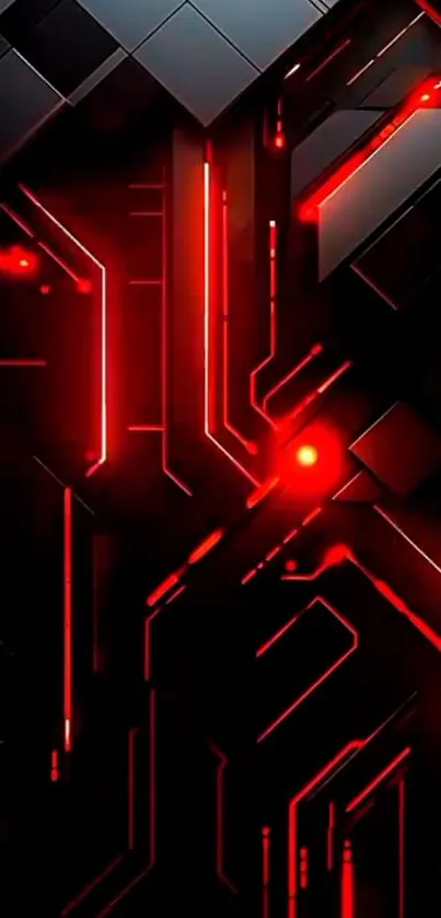 Futuristic red circuit with glowing lines.