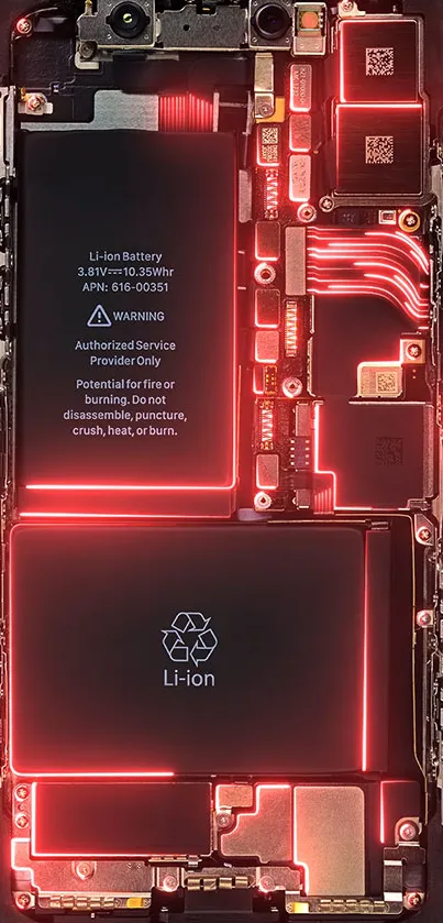 Futuristic red circuitry with glowing Li-ion battery detail.