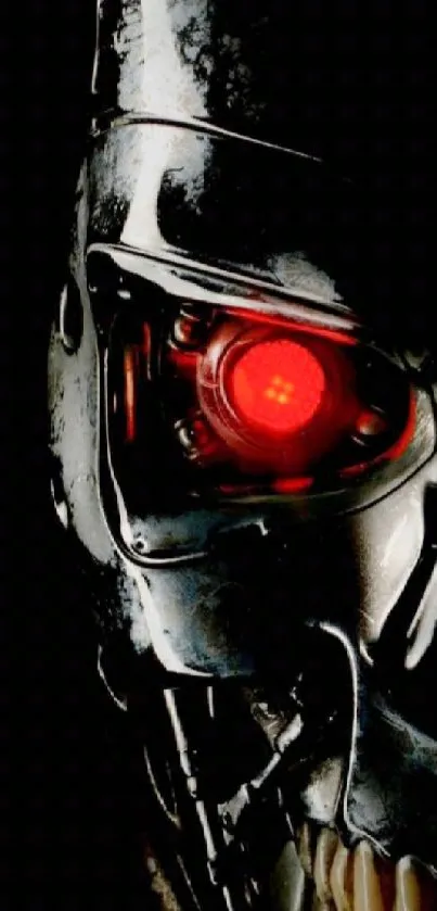 Futuristic robot with glowing red eye on black background, sci-fi themed.