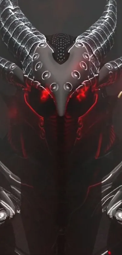 Futuristic armored creature with red glowing eyes in dark setting.