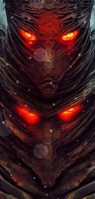 Futuristic creature with glowing red eyes and intricate designs on a dark background.