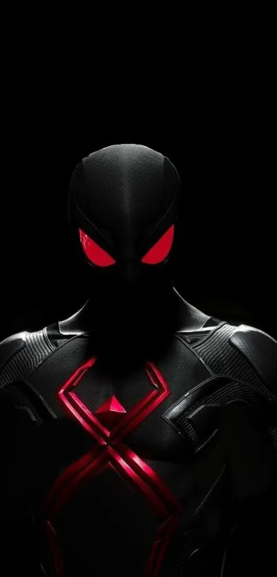 Futuristic superhero with red eyes on a black background, perfect for mobile wallpaper.