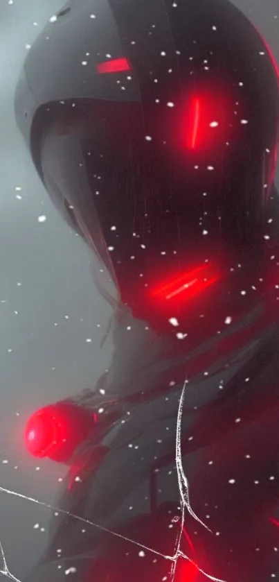 Futuristic figure with red glow and snow effect on mobile wallpaper.