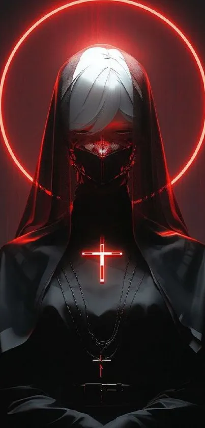 Dark, futuristic wallpaper with red halo and cross.