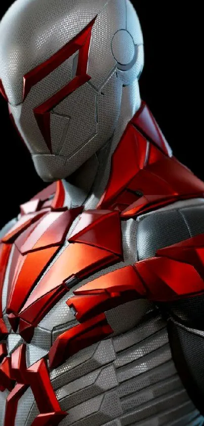 Futuristic superhero in red and silver armor posing.