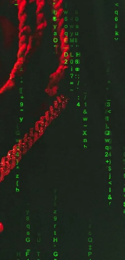 Red and green Matrix-inspired wallpaper with digital code pattern.