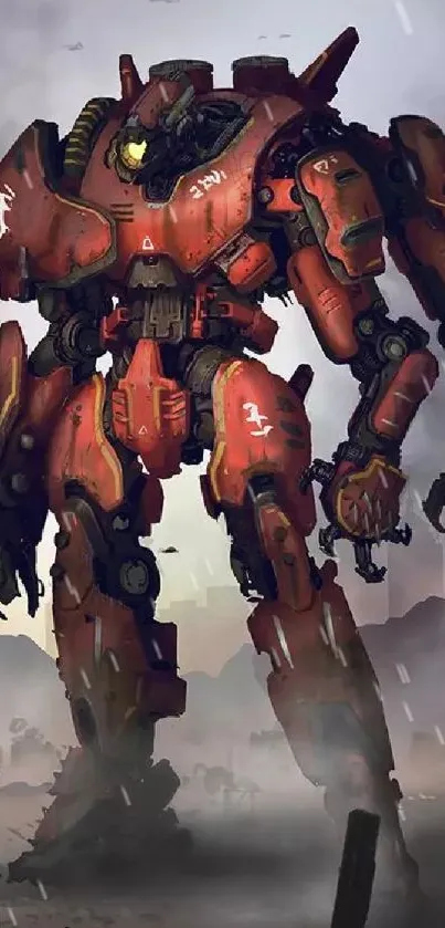 Futuristic red mech stands in misty battle scene.