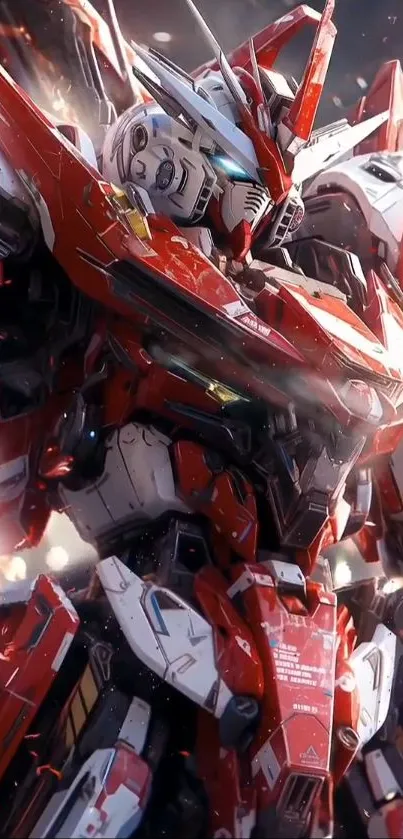 Futuristic red mecha with intricate details in dynamic pose.